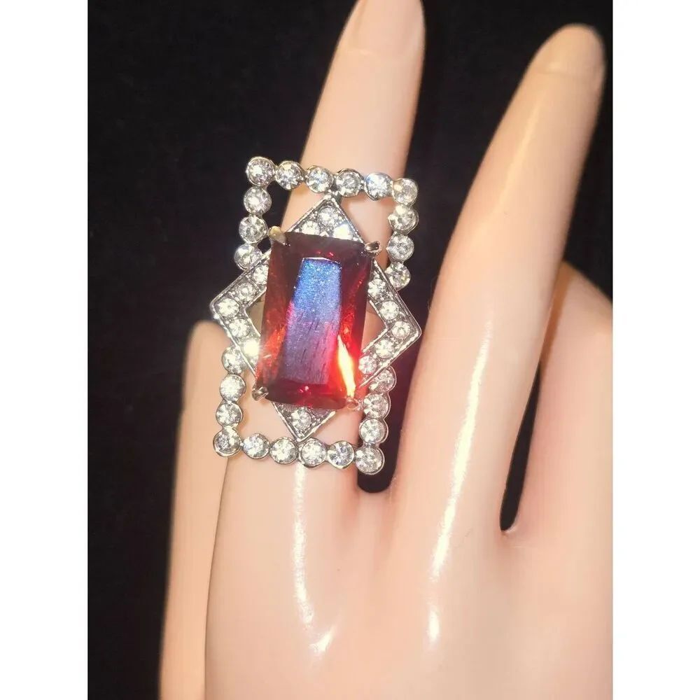 Women's Vintage Red & White Rhinestone Silver Tone Adjustable Ring